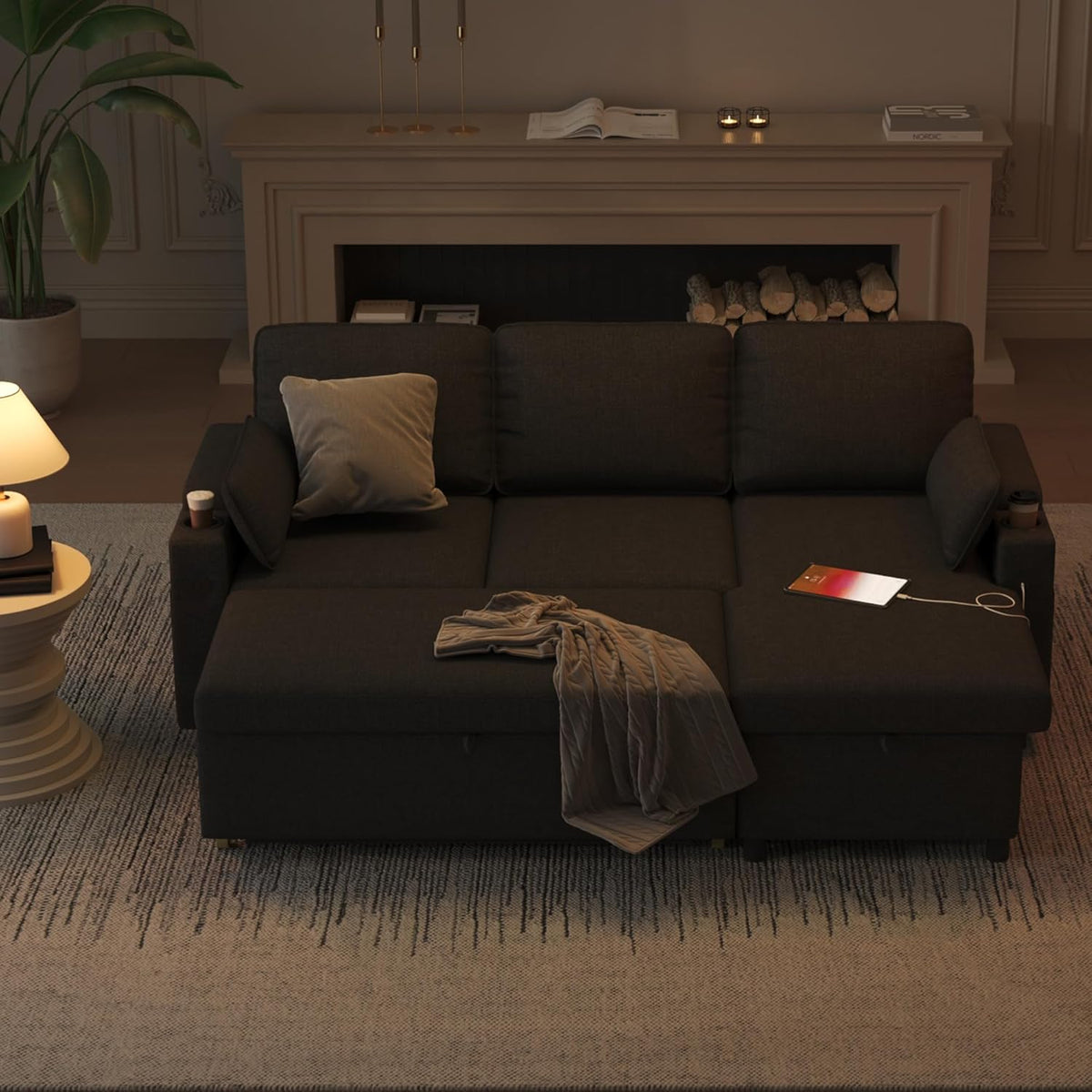 DURASPACE Canapé d'angle Convertible, Canapé Lit 3 Places en L avec Chaise Réversible, Canapé avec Rangement, Port USB et Porte-gobelet