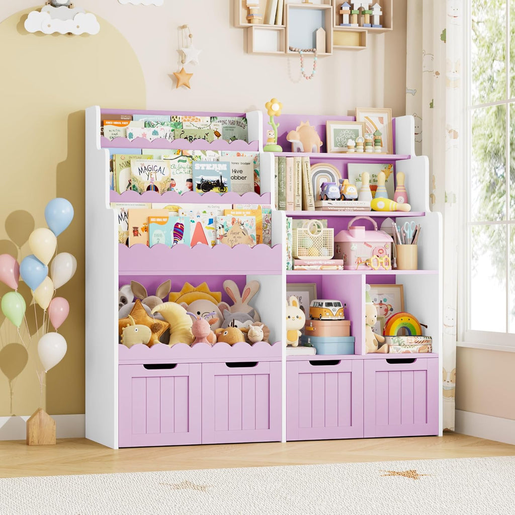FOREHILL Meuble Rangement Enfant Bibliothèque Enfant avec 4 Boîtes Amovibles 9 Étagères Rangement Jouet pour Chambre d’Enfants Salle de Jeu 125x40x120 cm Couleur Lavande