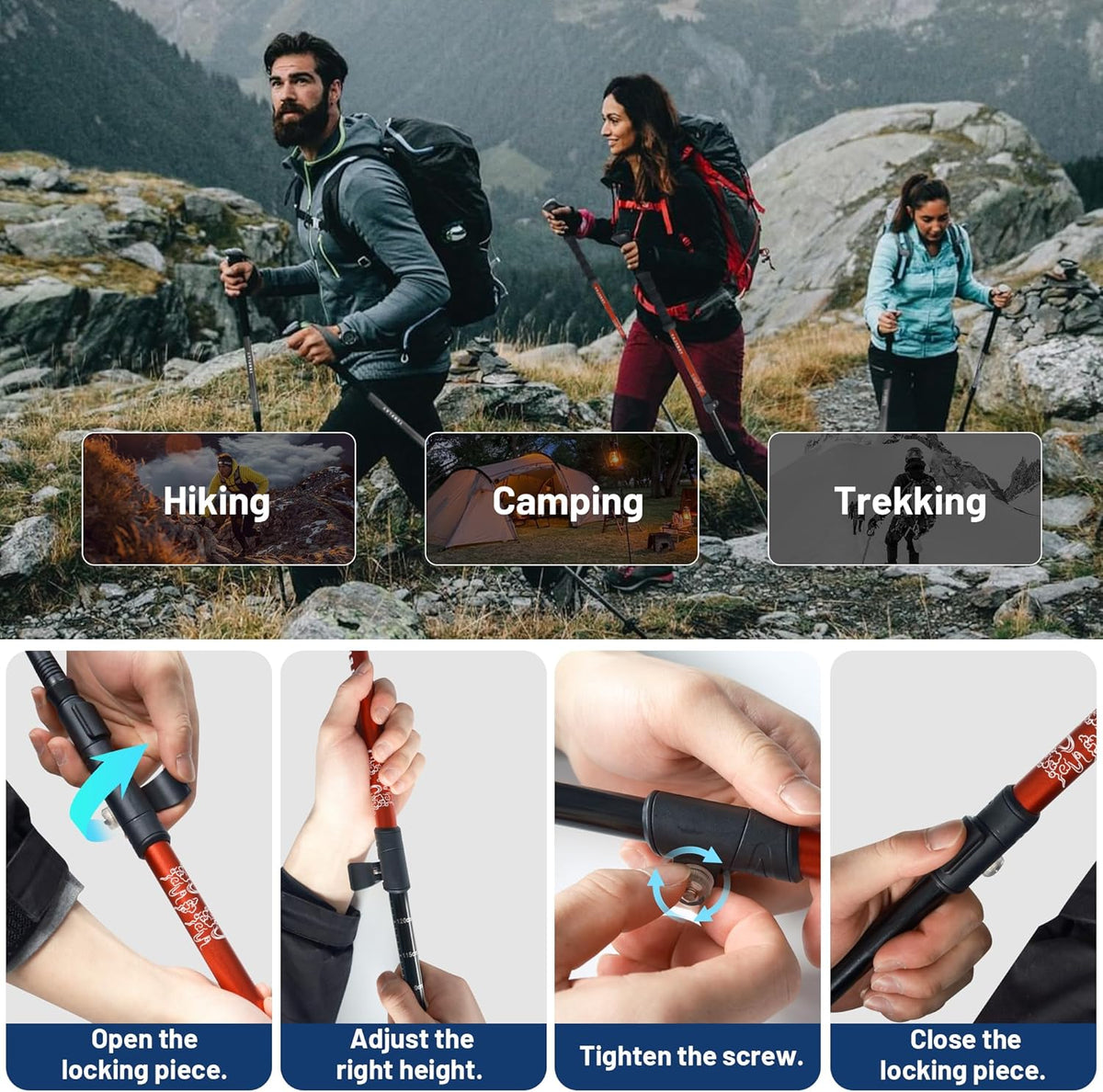 TENPLAY Bâton de randonnée en aluminium 7075 avec poignées antidérapantes en EVA, verrouillage rapide à levier, 3 sections pliable, 135 cm, léger, 0,2 kg, bâtons pour randonnée, alpinisme, randonnée,