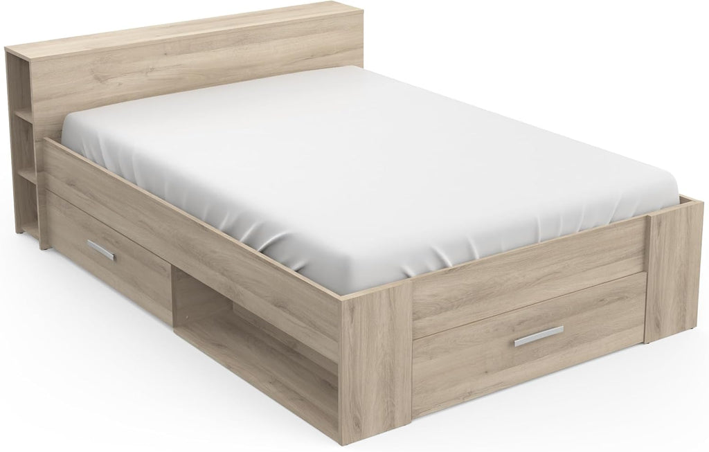 Lit avec Rangement 140x190 Style Contemporain 3 Tiroirs - Coloris Chêne - 150,1 x 217,1 x 74,3 cm