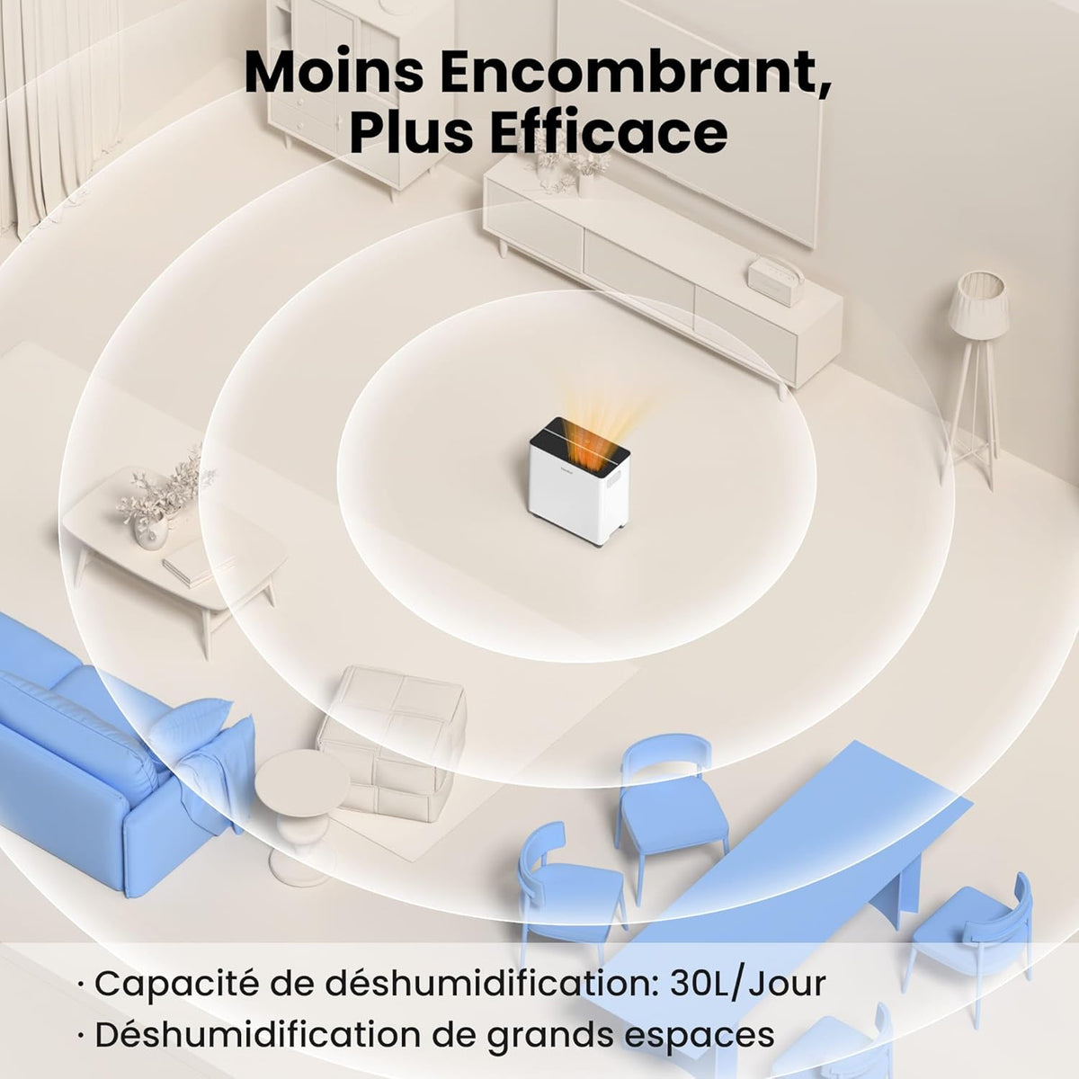 Déshumidificateur Puissant, Absorbe jusqu'à 30L/Jour, Sèche-linge, Mode confort, Réservoir 3L, Minuterie 24H, Idéal pour grandes pièces de 58-73㎡, Garage, Sous-sol