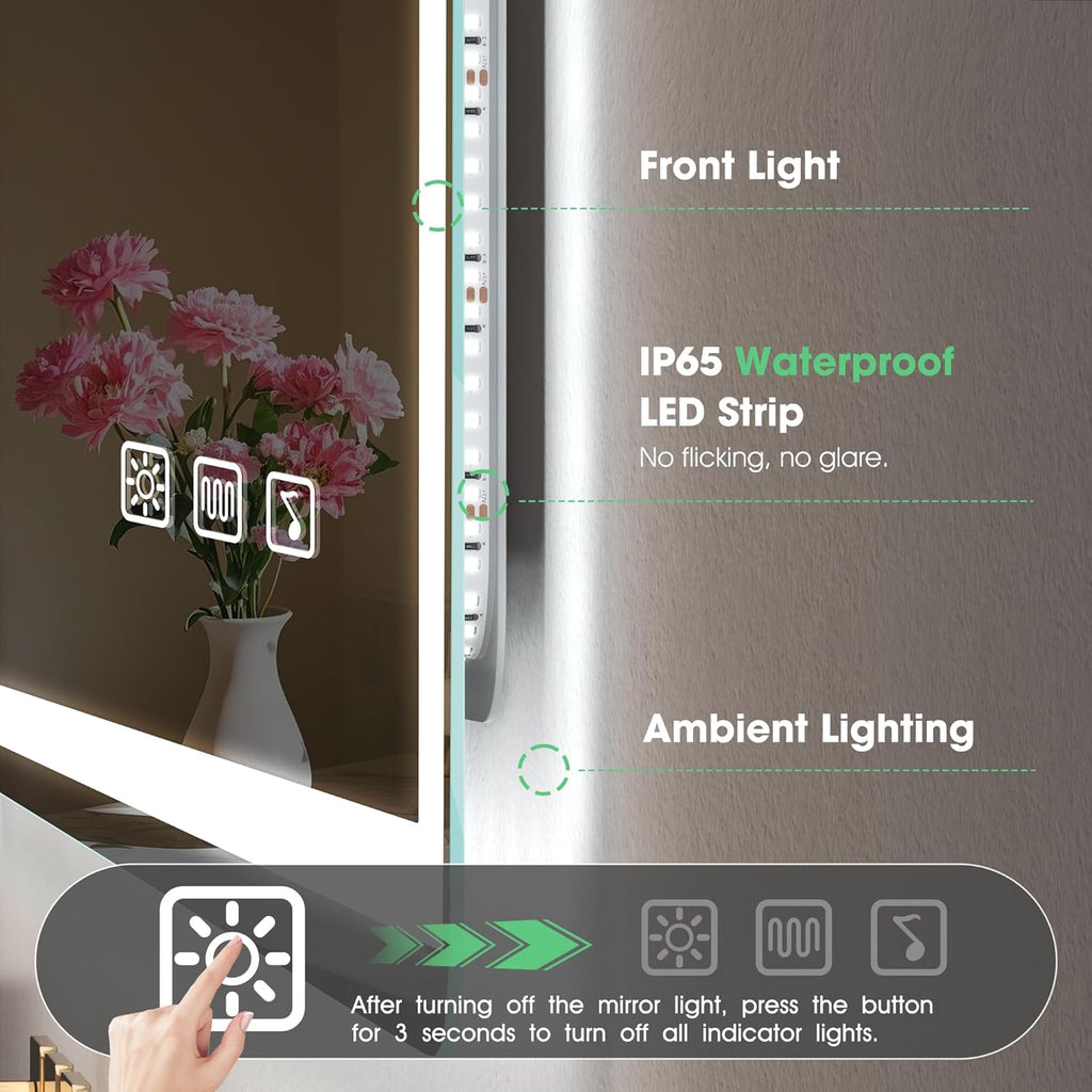 S'bagno Bluetooth-Miroir-Salle-de-Bain-avec-Eclairage-120x70cm, Miroir-LED-Salle-de-Bain Anti-buée, 3000K-6500K, Dimmable, Mémoire, Verre trempé HD, IP44-Miroir-Salle-de-Bain-Led, Horizontal/Vertical
