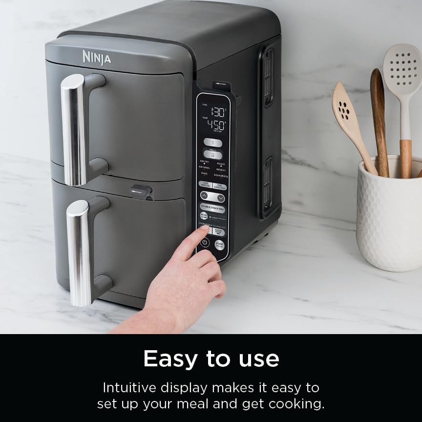 Ninja DoubleStack XL Friteuse à air intelligente avec 2 paniers, système de cuisson intelligent, technologie DoubleStack qui cuit 4 aliments à la fois, design peu encombrant, 10 litres