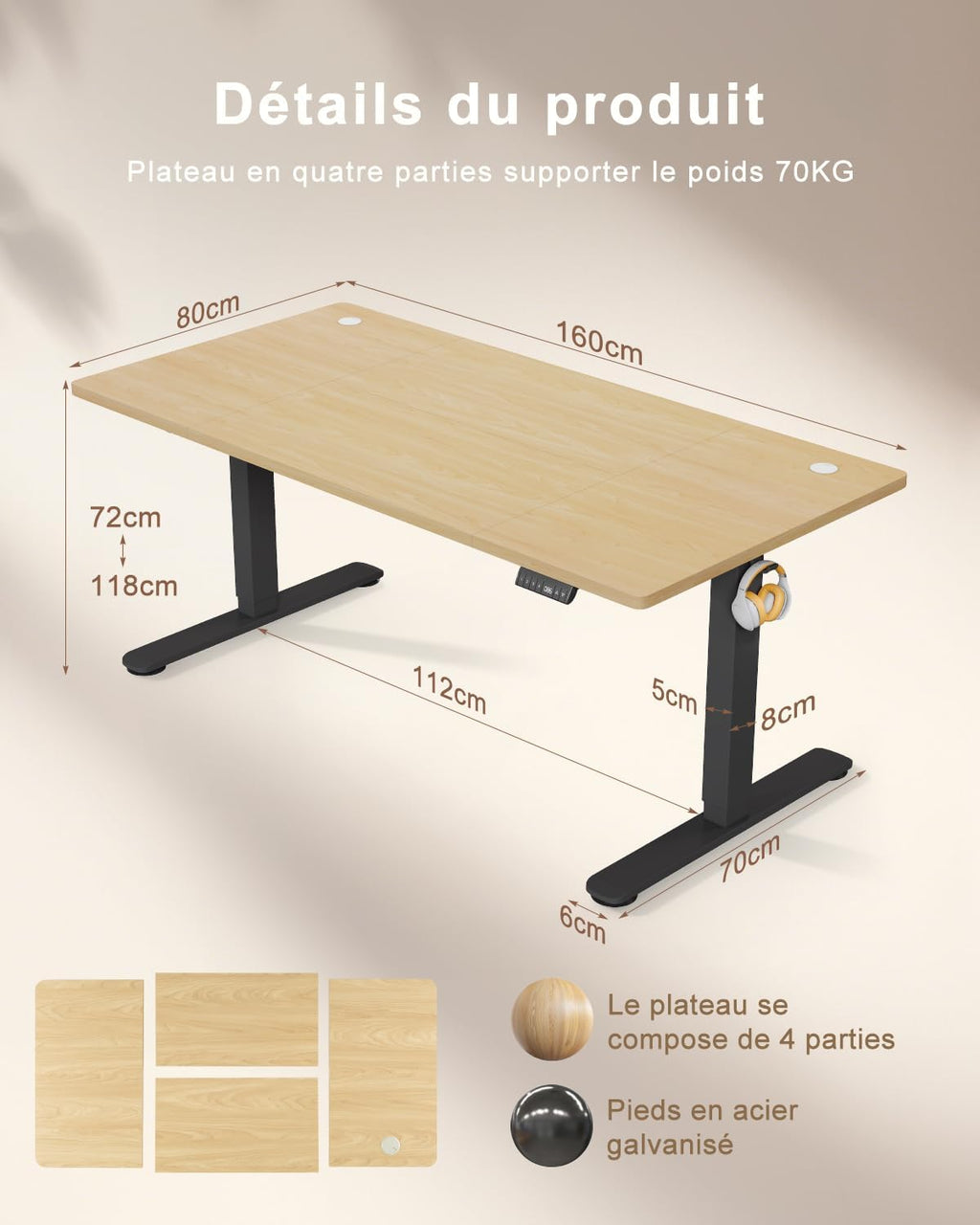 TRIUMPHKEY Bureau électrique 160 x 80 cm, réglable en hauteur, prise USB, 3 contrôles mémoire, table d'ordinateur, pour bureau, position debout