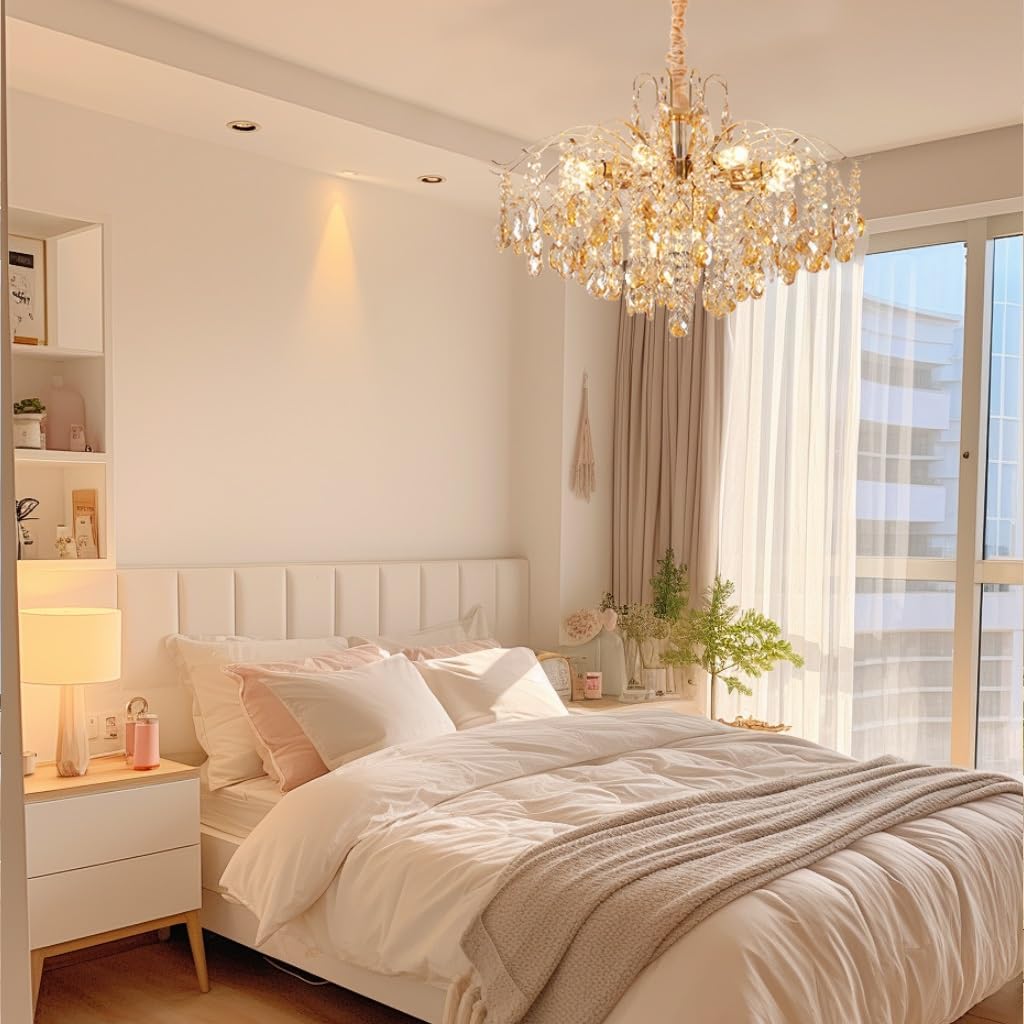 DOCJX Lustre Salon Moderne - Cristal Dimmable E14 Lampe Suspendue En Cristal K9 Avec Finition Dorée, Luminaire D'Intérieur Réglable Adapté Pour Lustre De Salle À Manger Et Chambre, Salon 60CM