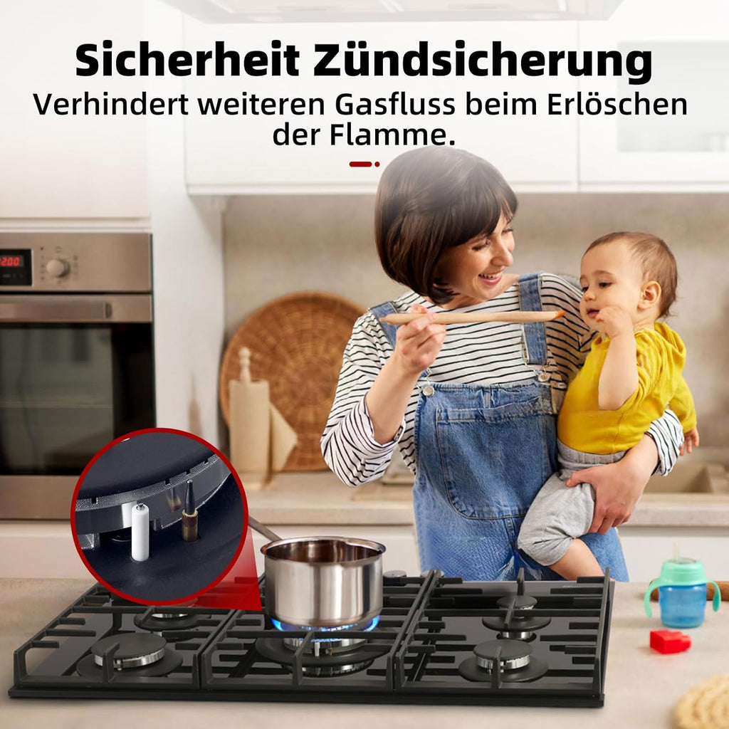 GASLAND GH2805BG1FC Table de cuisson à gaz 5 feux, avec brûleur wok, encastrable, 76cm noir, cuisinière à gaz en verre, 10.4KW, GPL/NG