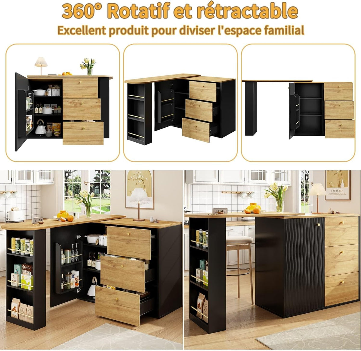 KOMHTOM Table de Bar Extensible avec Espace de Rangement(138-204 x 39 x 104 cm), Table à Manger Pivotante à 360°, 3 Tiroirs et étagères latérales