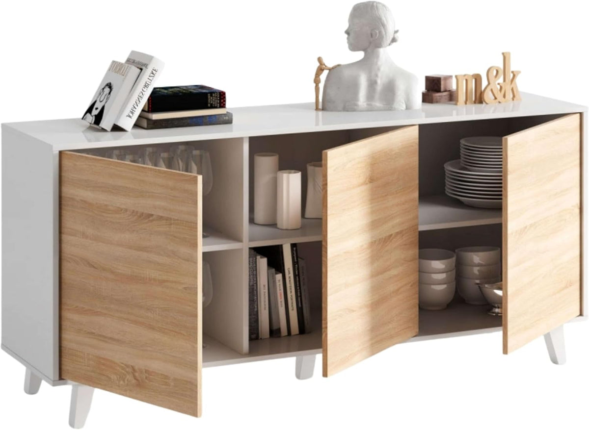 Habitdesign modèle Zaiken Plus Buffet, salon salle à manger 3 portes, blanc brillant et chêne canadien, dimensions : 154 x 75 x 41 cm (l x H x P).