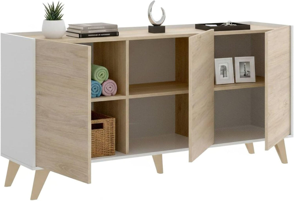 Dmora - Buffet Salon Moderne 3 Portes 155x43h75 cm Chêne Blanc