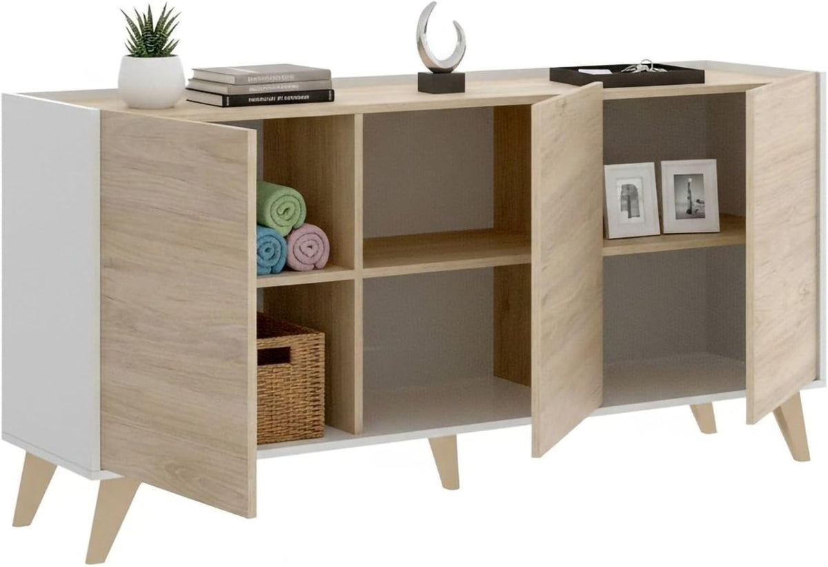 Dmora - Buffet Salon Moderne 3 Portes 155x43h75 cm Chêne Blanc