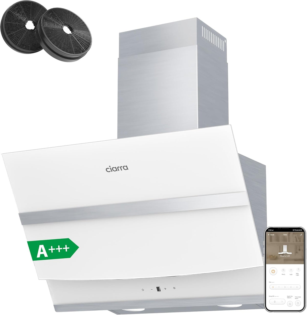 Ciarra ASW6736N Hotte Inclinée 60cm A+++ 650 m3/h - Commande Tactile et Wi-Fi - 4 Vitesses et Boost - Filtre à Charbon CBCF003 Inclus - Blanche