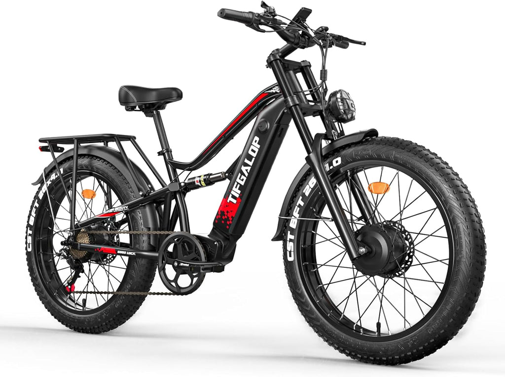 tifgalop Vélo électrique Adulte, vélo électrique Tout-Terrain de 26 Pouces, Double amortisseurs, 7 Vitesses, Batterie au Lithium 52V 19Ah/21Ah, autonomie de croisière jusqu'à 40-90Km