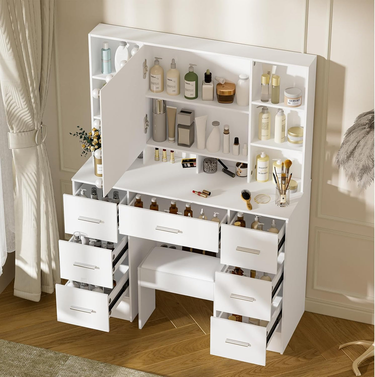 Buildonely Grande coiffeuse avec tabouret, miroir et éclairage, 3 températures de couleur avec luminosité réglable, table cosmétique avec 7 tiroirs, 40 x 100 x 140 cm, SD5210
