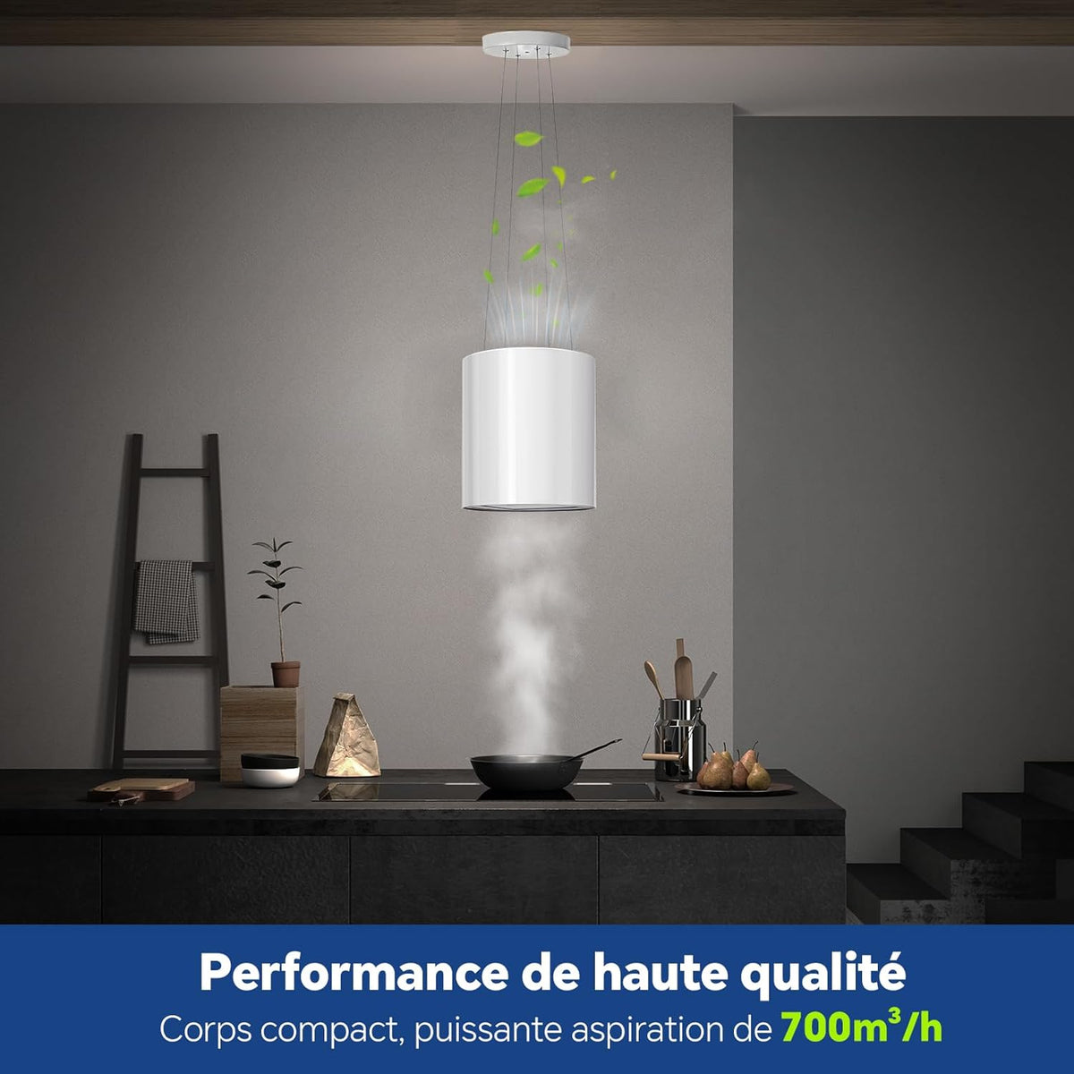 SNDOAS Hotte Îlot Central 700 m3/h, Hotte Aspirante 35cm avec 3 Vitesses, A+, Éclairage LED, Filtres à Charbon et Fonction Retard 5 minutes , Blance, Hotte Suspendue Recyclage