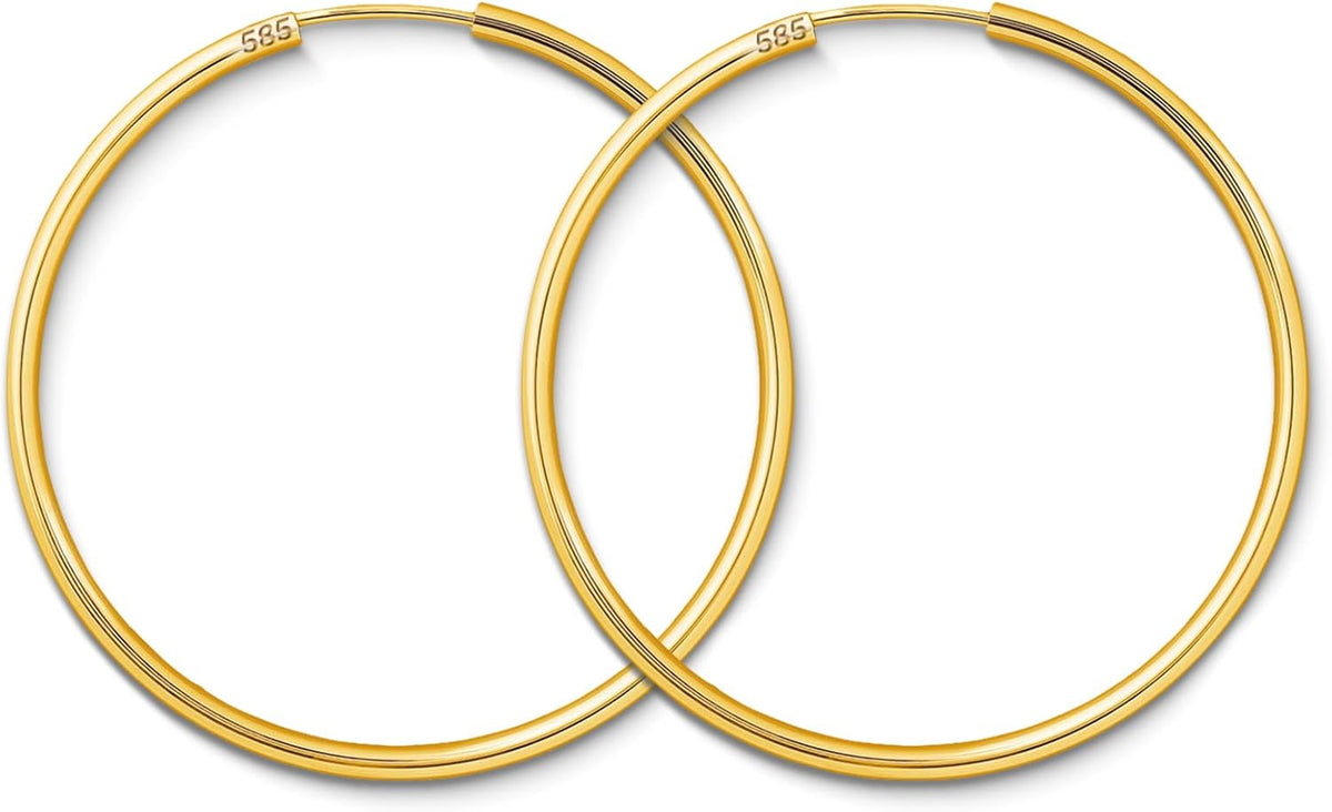 Boucles D'Oreilles Rondes Classiques Or Jaune 585 750 333 Moyennes Créoles pour Femme - Diamètre 40 mm, Largeur 2 mm