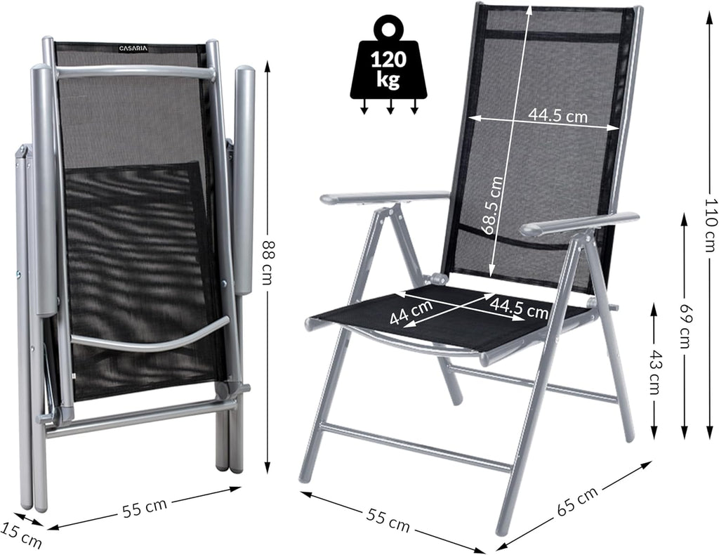 Casaria® 6X Chaises de Jardin Pliantes Aluminium 120kg Dossier Haut réglable 8 Positions Chaise Camping Balcon terrasse résistant intempéries Argent