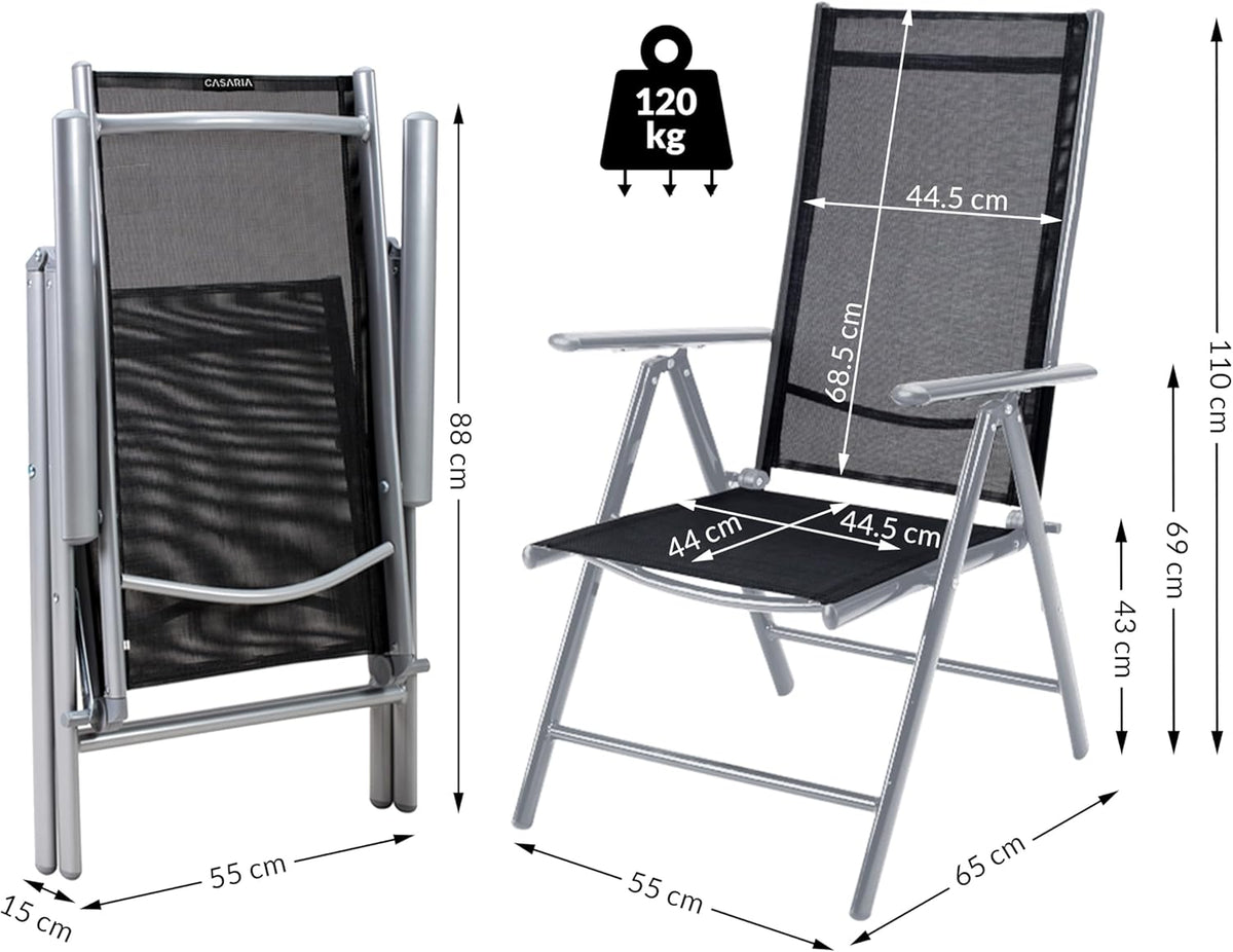 Casaria® 6X Chaises de Jardin Pliantes Aluminium 120kg Dossier Haut réglable 8 Positions Chaise Camping Balcon terrasse résistant intempéries Argent