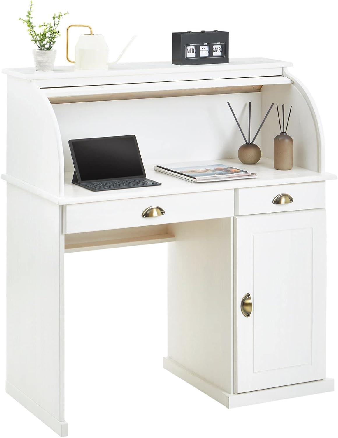 IDIMEX Bureau secrétaire Tom avec volet Roulant Rangement 2 tiroirs et 1 Porte avec étagère, en pin Massif lasuré Blanc