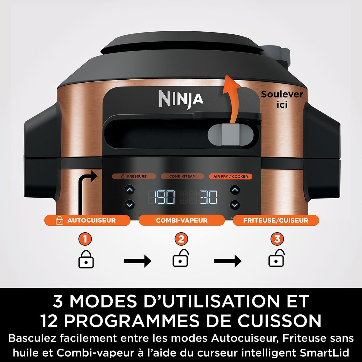 Ninja Multicuiseur Foodi MAX Air Fryer avec SmartLid, 7,5L, Autocuiseur 12 en 1, Cuisson sous pression, Friture à l'air, Cuisson lente, Grill et plus, Cuivre/Noir Exclusivité