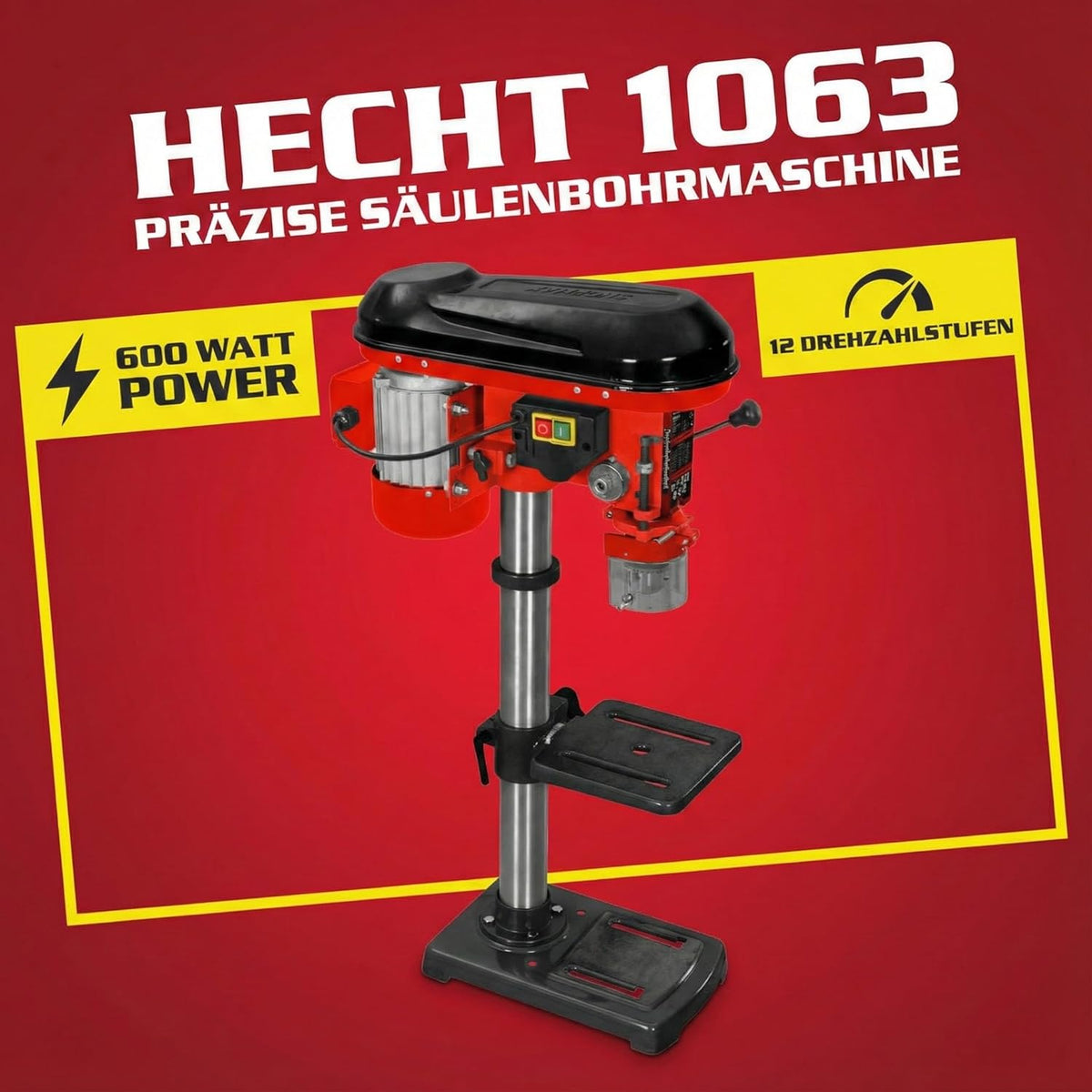 Hecht Perceuse à colonne avec puissance de 600 W - 12 niveaux de vitesse - Table de perçage orientable et réglable en hauteur