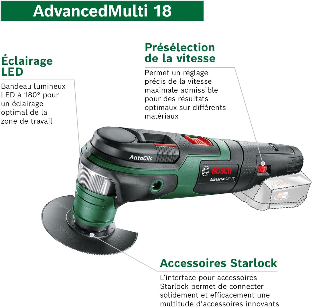 Bosch outil multifonctions sans fil AdvancedMulti 18 (Batterie, chargeur, plateau de ponçage triangulaire, feuilles abrasives, 2 lames de scie, poignée supplémentaire, coffret, système 18V, 2,5 Ah)
