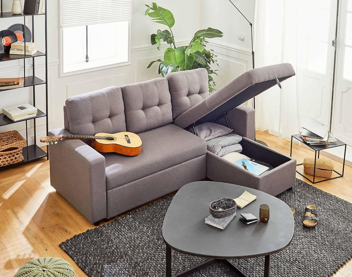 BestMobilier - Canapé d'angle Convertible avec Coffre Réversible Tulipe en Tissu - Canapé Lit - Sofa Gris 4 Places - Angle Droit - ou Gauche - Salon