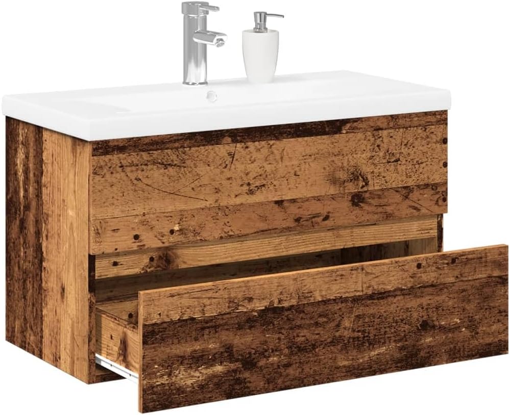 vidaXL Meuble avec Vasque intégrée Vieux Bois, Armoire lavabo de Salle de Bain, Meuble de Salle de Bain, Meuble de Rangement sous lavabo