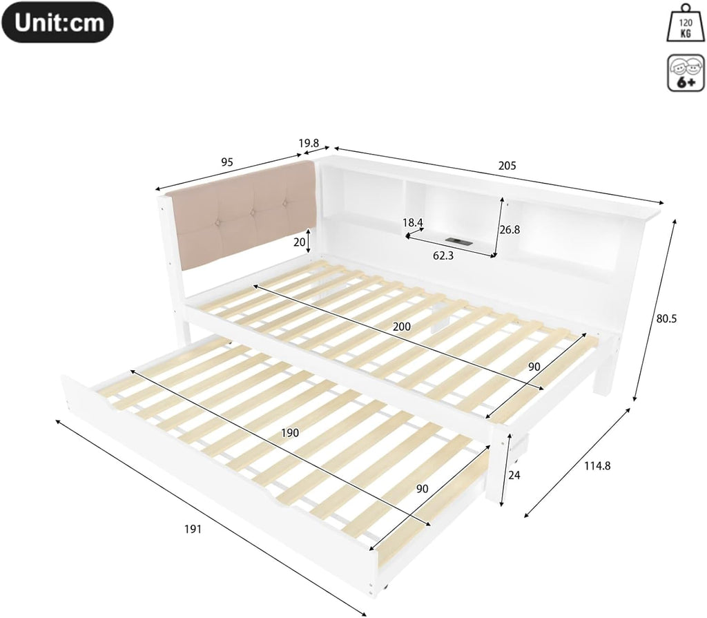 EURHCIO Canapé Lit 90x200,Cadre de Lit Une Place Rembourré avec Lit Gigogne 90x190,Port USB-C,Éclairage LED Réglable,Rangement,pour Adolescents Adultes 90x200