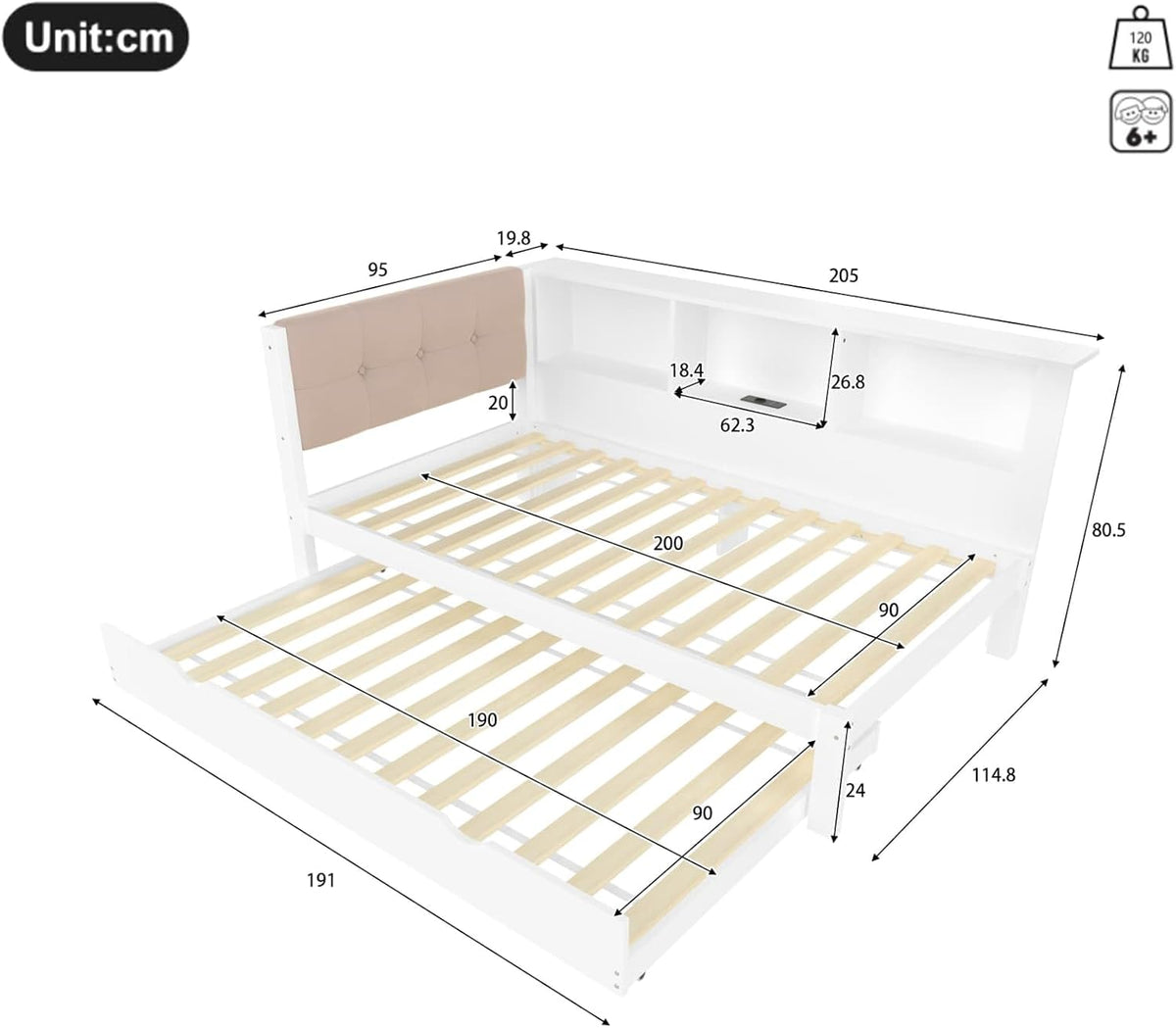 EURHCIO Canapé Lit 90x200,Cadre de Lit Une Place Rembourré avec Lit Gigogne 90x190,Port USB-C,Éclairage LED Réglable,Rangement,pour Adolescents Adultes 90x200