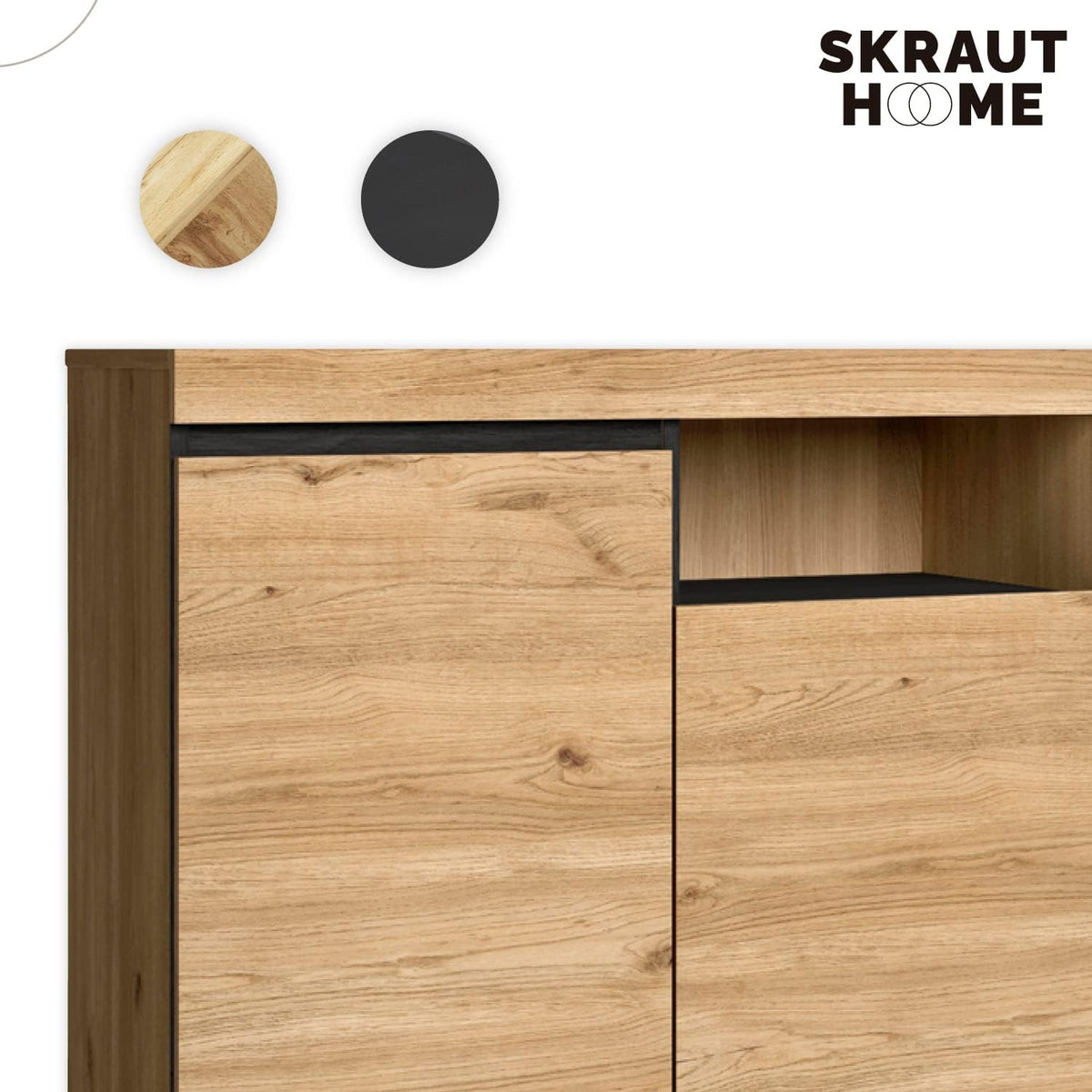 Skraut Home Buffet Modèle Naturale 140 x 40 x 81 cm Meuble d'Entrée à 3 Portes Style Nordique Mélamine Finition Couleur Chêne/Noir