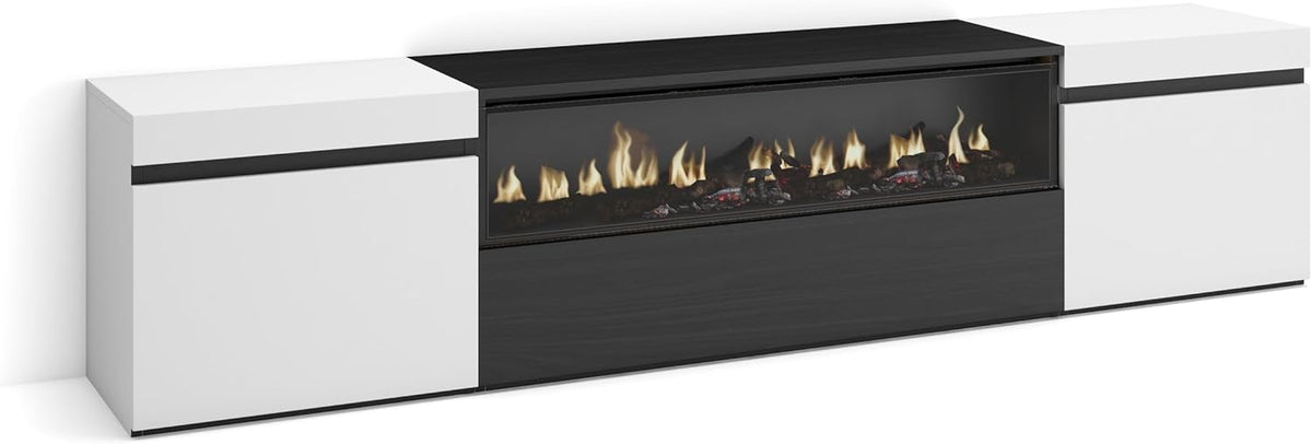 Skraut Home | Meuble TV | Banc Télé | Grand Espace de Rangement | 200x45x35cm | pour Les TV jusqu'à 80" | Cheminée électrique | Style Moderne | Blanc et Noir