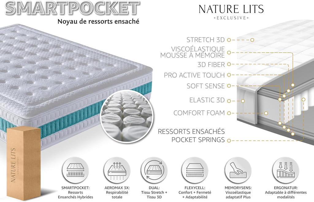 NATURELITS Matelas 180X200 cm Ferme Moyenne Haut Confort Double Hiver Été Noyau à Ressort Ensaché Ressorts Ensachés Mousse à Mémoire Couleur Gris Serene Hybrid Épaisseur 30 cm