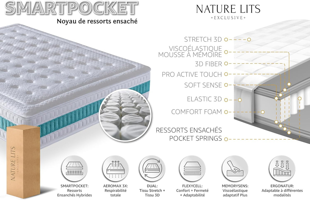 NATURELITS Matelas 180X200 cm Ferme Moyenne Haut Confort Double Hiver Été Noyau à Ressort Ensaché Ressorts Ensachés Mousse à Mémoire Couleur Gris Serene Hybrid Épaisseur 30 cm