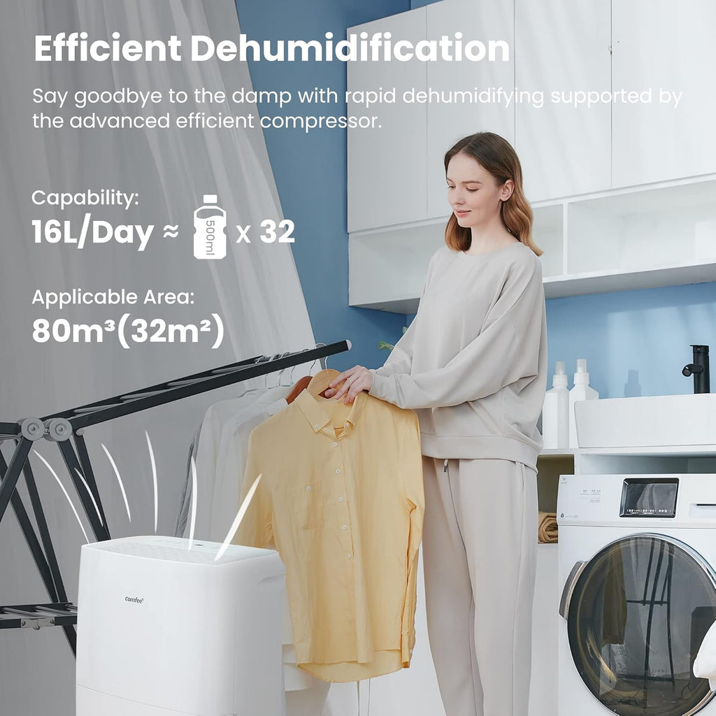 Déshumidificateur Connecté 16L-jour, 4 Modes, Deshumidificateur d air electrique, Mode intelligent, Réservoir 3L, Pour pièce de 58-73㎡, MDDF-16DEN7 WF, Chambre, Garage, Fonctionne avec Alexa