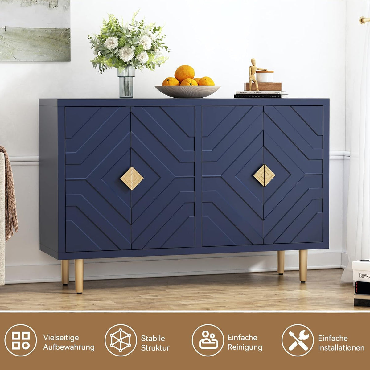 HOLTICO Commode buffet 4 portes, armoire de cuisine, rangement, salon, cuisine, chambre - Bleu