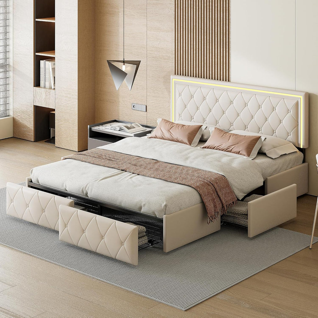 LONELYO Cadre de lit 160x200 avec sommier et Rangement - Lit Coffre capitonné PU avec LED et tiroirs, Design Moderne pour Chambre Adulte 160x200