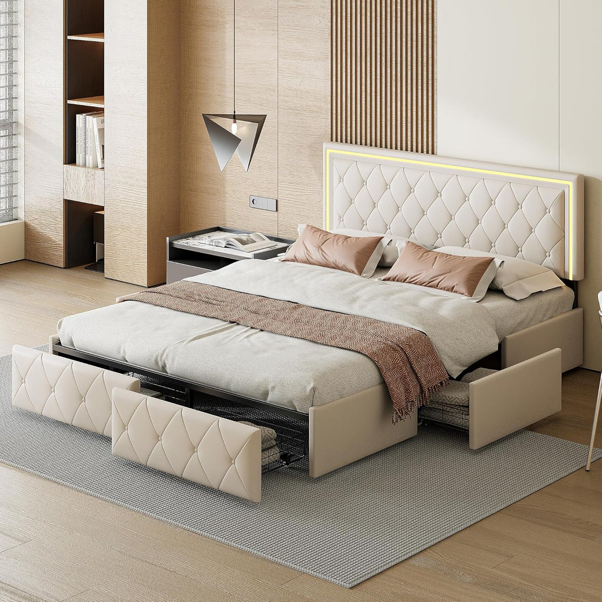 LONELYO Cadre de lit 160x200 avec sommier et Rangement - Lit Coffre capitonné PU avec LED et tiroirs, Design Moderne pour Chambre Adulte 160x200