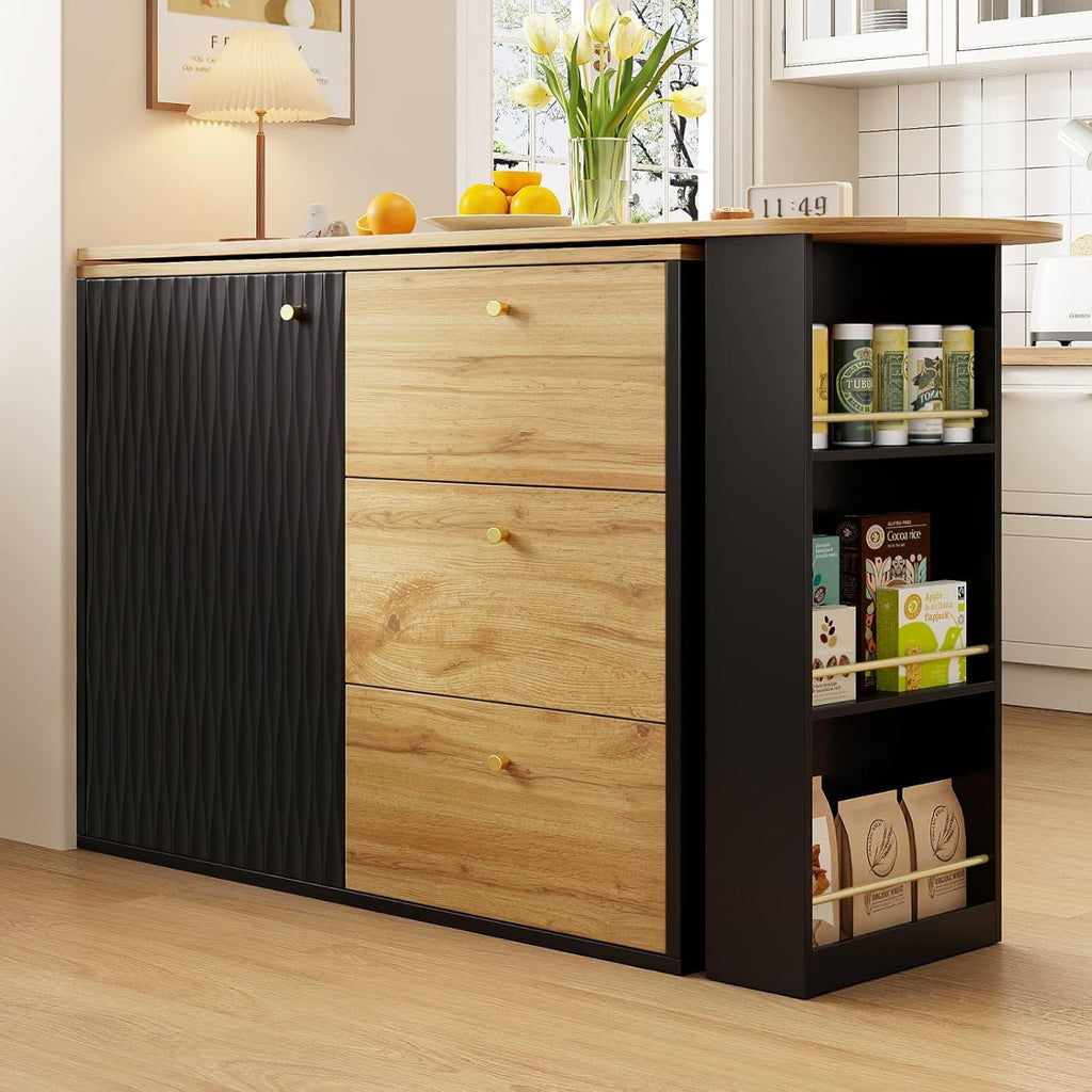 KOMHTOM Table de Bar Extensible avec Espace de Rangement(138-204 x 39 x 104 cm), Table à Manger Pivotante à 360°, 3 Tiroirs et étagères latérales
