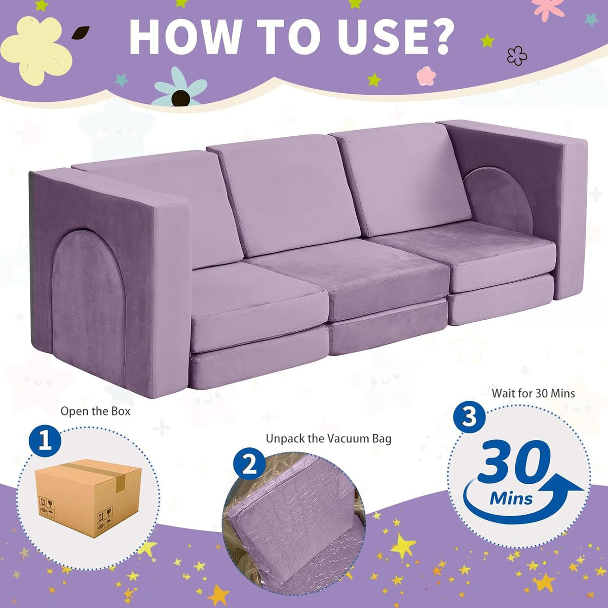 Wumagin Canapé Lit Enfant, Canape Enfant Convertible avec 13PCS Modules, Futon Pliable Meuble Sofa pour Chambre d'enfant, Chambre à Coucher, Salle de Jeux (Myrtille)