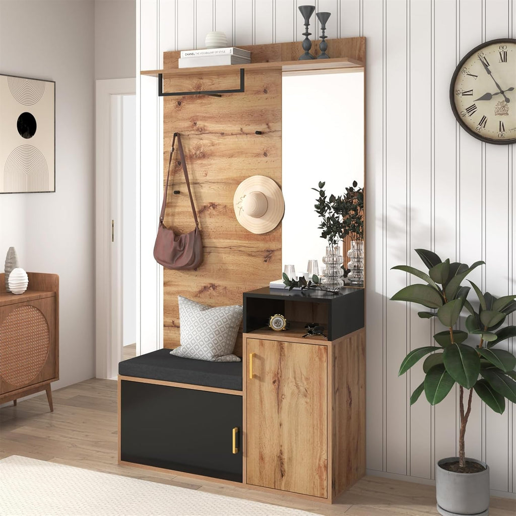 Sweiko Lot de 4 porte-manteaux avec 4 patères, miroir, armoire à chaussures, porte-manteau mural, étagère supérieure, couloir banc
