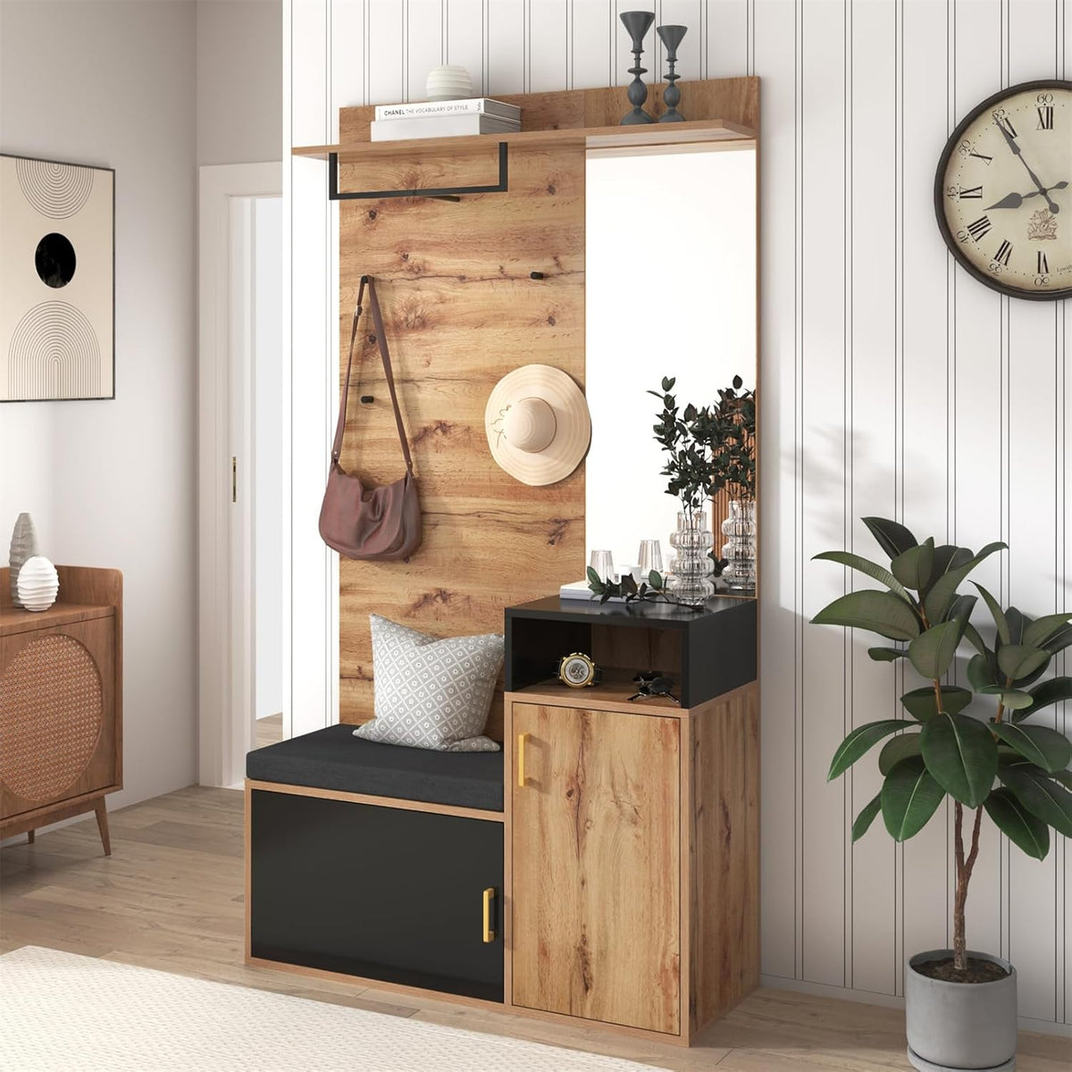 Sweiko Lot de 4 porte-manteaux avec 4 patères, miroir, armoire à chaussures, porte-manteau mural, étagère supérieure, couloir banc