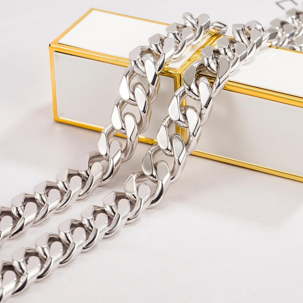 Dankadi Collier Cubain Large 8-10-12MM Massif en 925 Argent, Chaîne Cubaine Maille Lisse et Cannelure 16" à 30" Cadeau de Bijoux Classique Rock Punk Hip Pop Miami pour Homme