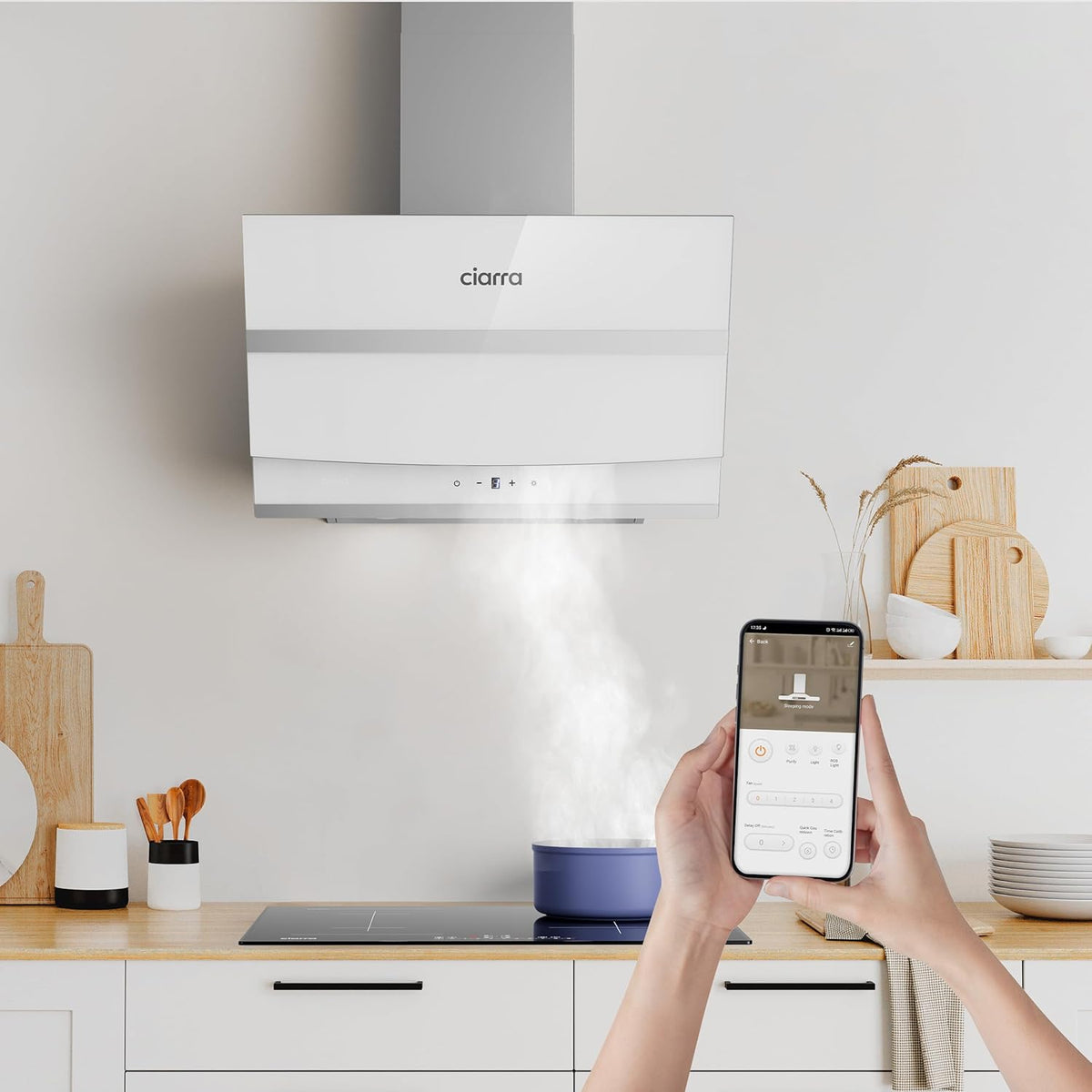 Ciarra ASW6736N Hotte Inclinée 60cm A+++ 650 m3/h - Commande Tactile et Wi-Fi - 4 Vitesses et Boost - Filtre à Charbon CBCF003 Inclus - Blanche