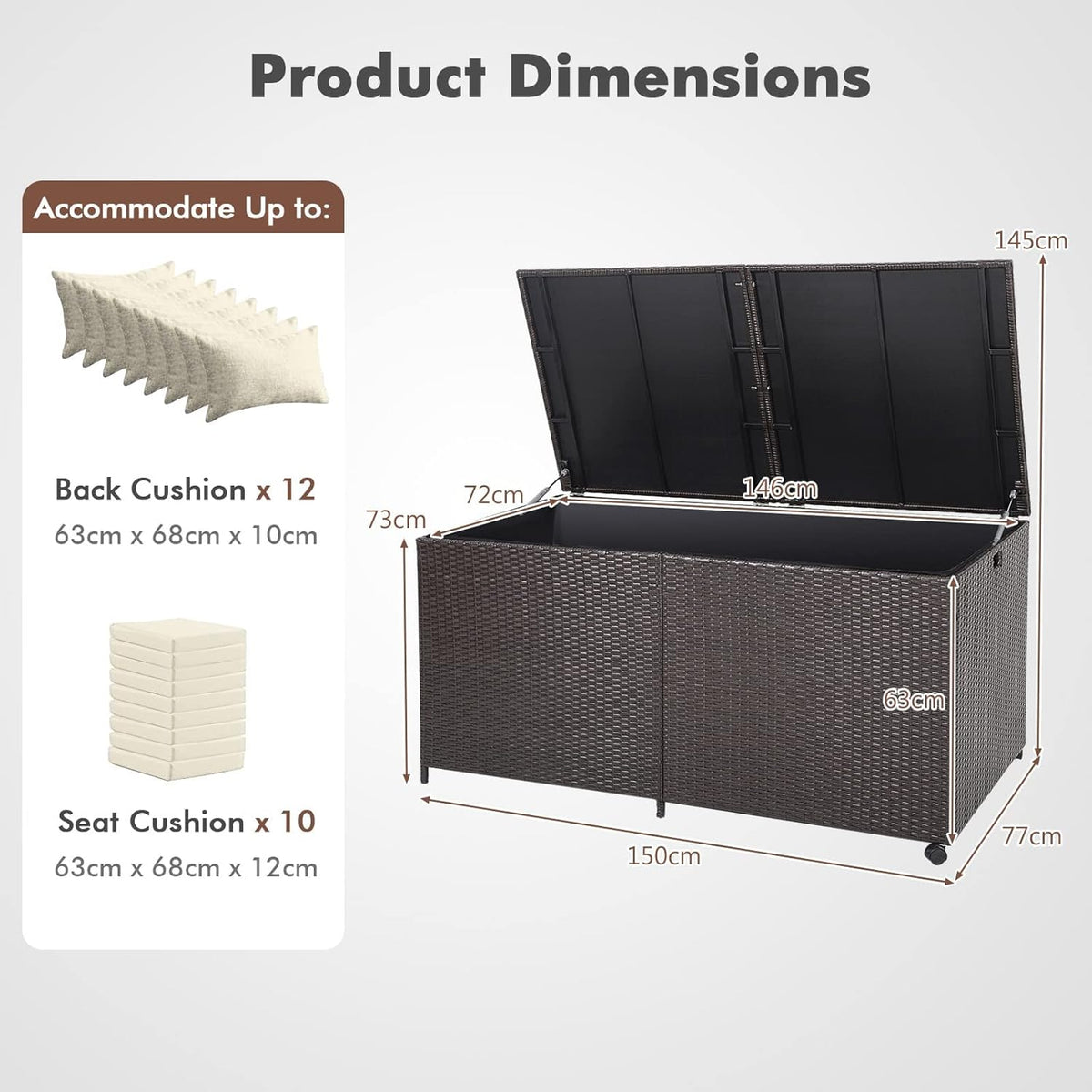 GIANTEX Coffre de Rangement en Rotin 662 L, Boîte de Rangement Résine avec 2 Roulettes et 2 Vérin à Gaz, Résistant aux Intempéries, 150 x 77 x 73 cm