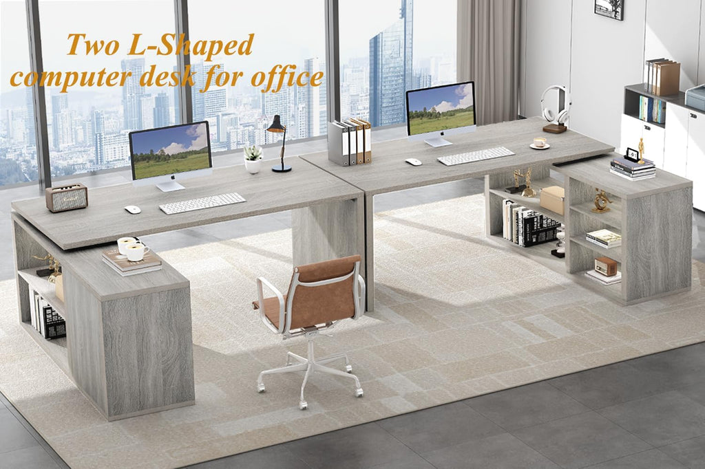 HSH Bureau d'angle gris en forme de L avec étagères de rangement, bureau d'ordinateur réversible en forme de L avec armoire de rangement, bureau d'angle réglable pour PC, écriture, étude, travail, 140