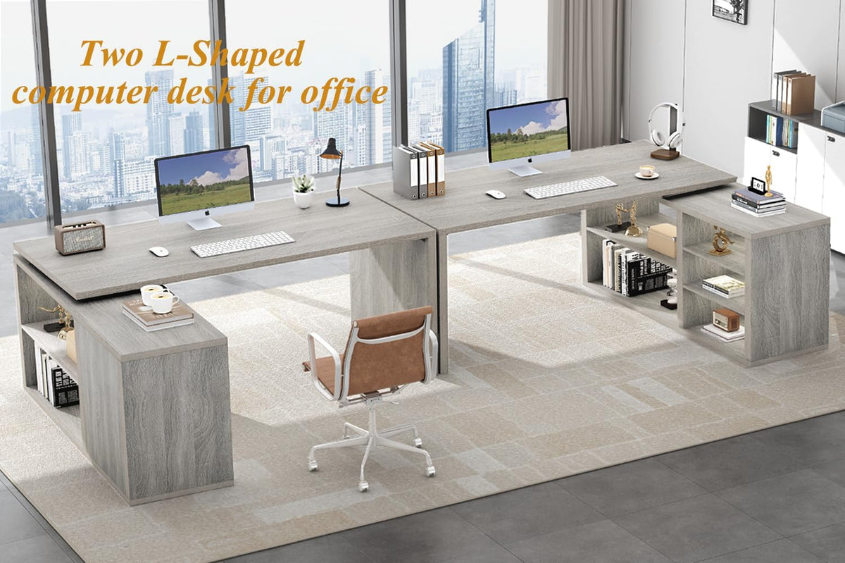 HSH Bureau d'angle gris en forme de L avec étagères de rangement, bureau d'ordinateur réversible en forme de L avec armoire de rangement, bureau d'angle réglable pour PC, écriture, étude, travail, 140