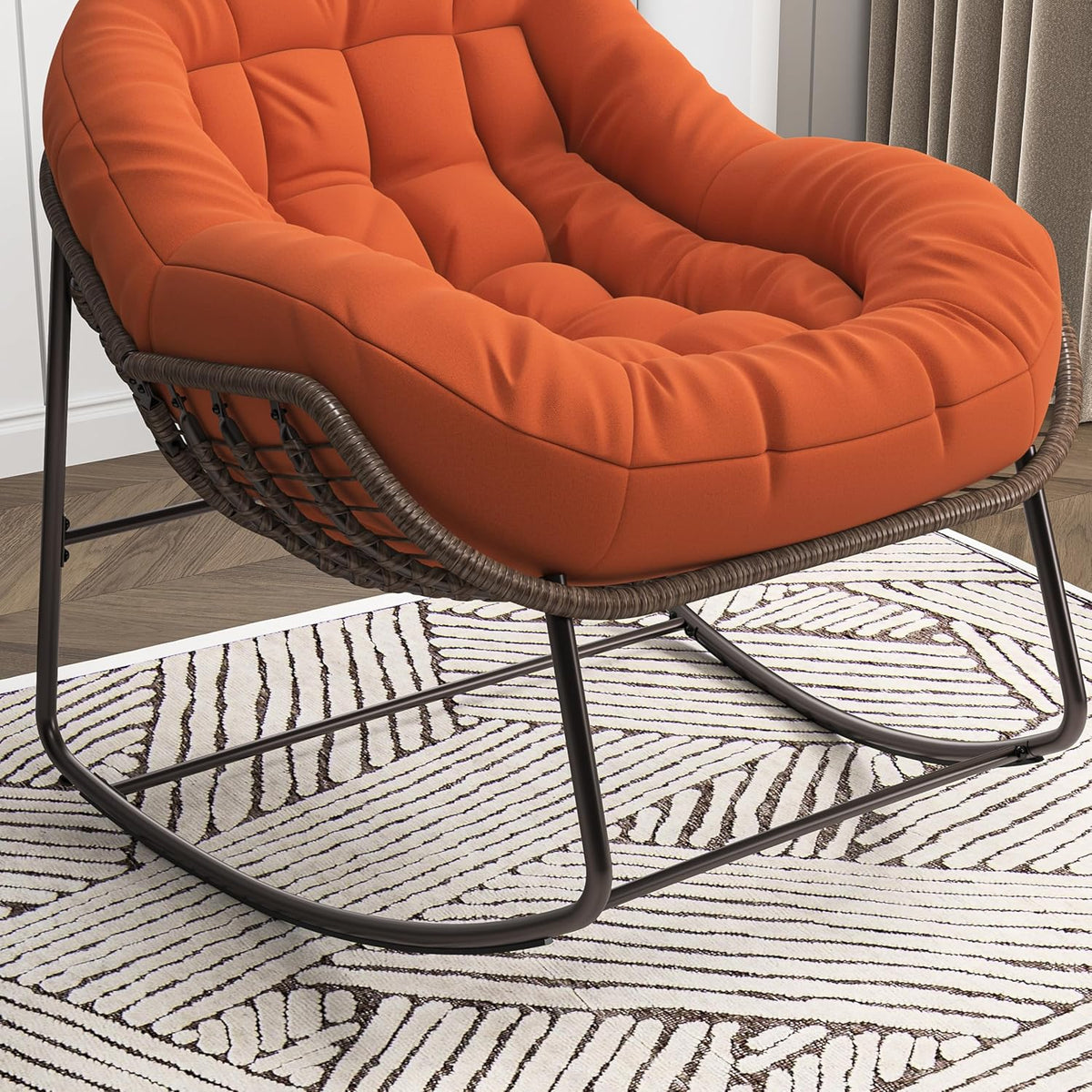 BEIJIALY Chaise à Bascule en rotin imperméable d'extérieur, Chaise de Loisirs à Coussin épais d'intérieur, Fauteuil à Bascule, Longue pour Jardin, Chambre, Salon, Porche, Balcon Orange