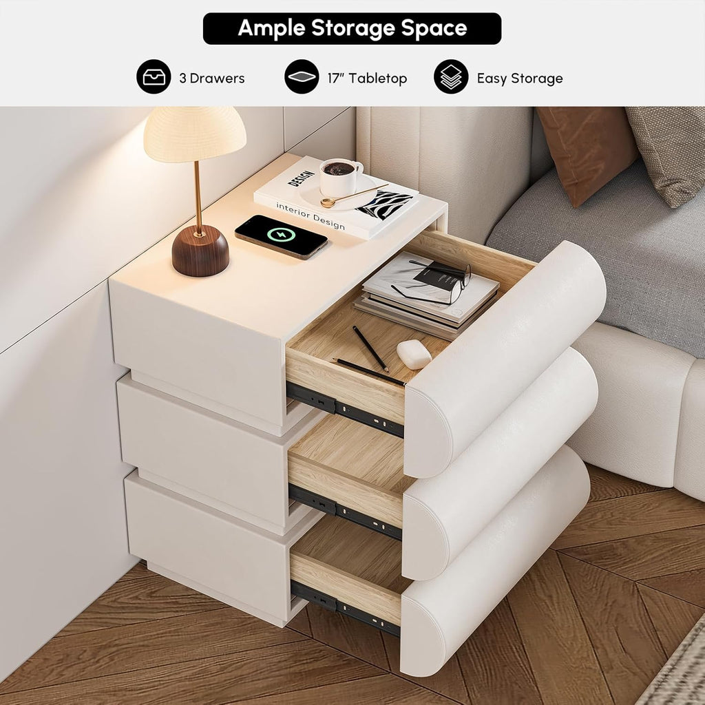Homary Table de Chevet LED Intelligente Étroite 3 Tiroirs, Chargeur sans Fil USB/Type-C, Petit Meuble de Rangement pour Chambre Adulte (1, Standard)