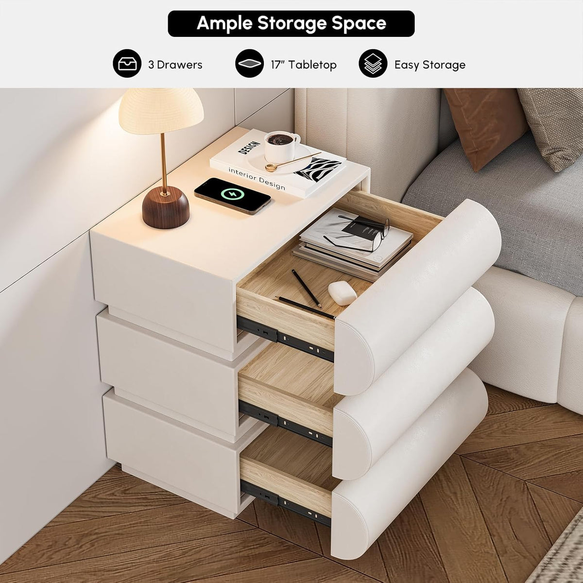 Homary Table de Chevet LED Intelligente Étroite 3 Tiroirs, Chargeur sans Fil USB/Type-C, Petit Meuble de Rangement pour Chambre Adulte (1, Standard)