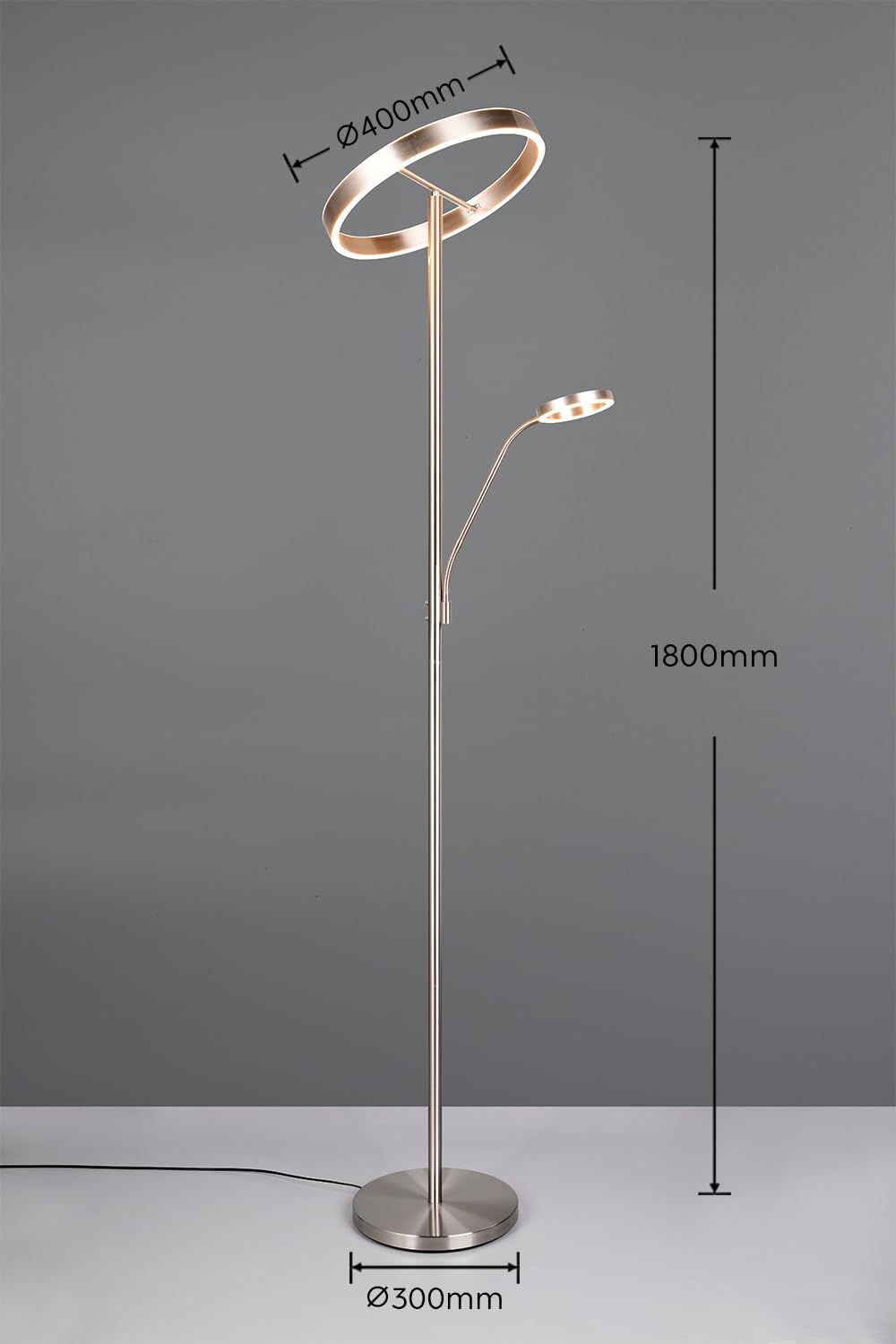 Trio Leuchten Lampadaire LED WILLIS 449510207, Métal Nickel mat, 39 + 5,5 Watt LED, Couleur de la lumière réglable, Dimmable